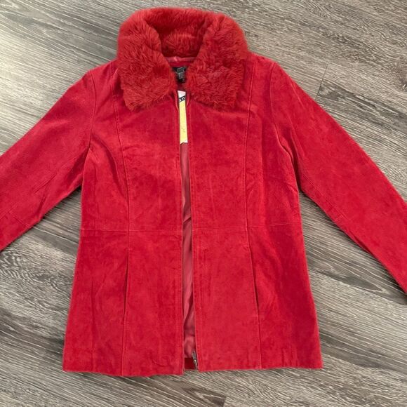 Centigrade Leather Red Faux Fur Collar Leather Zip Up Jacket - Picture 6 of 9